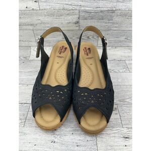 Spring Step Women Black‎ Leather Perforated Slingback Wedge Sandals Size 41